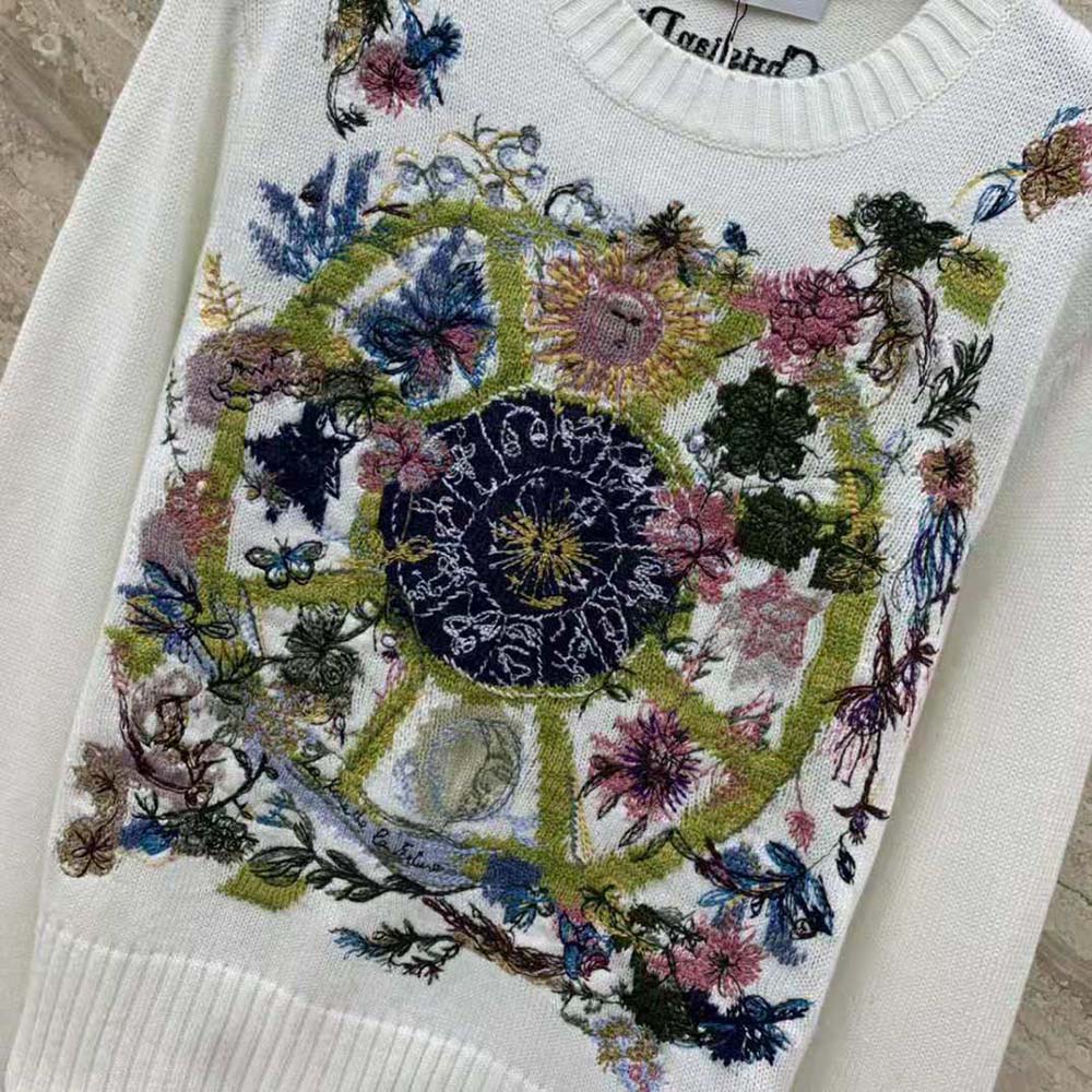 Dior Women Embroidered Sweater White Cashmere Knit with Multicolor Tarot La Roue de la Fortune Motif - image 5