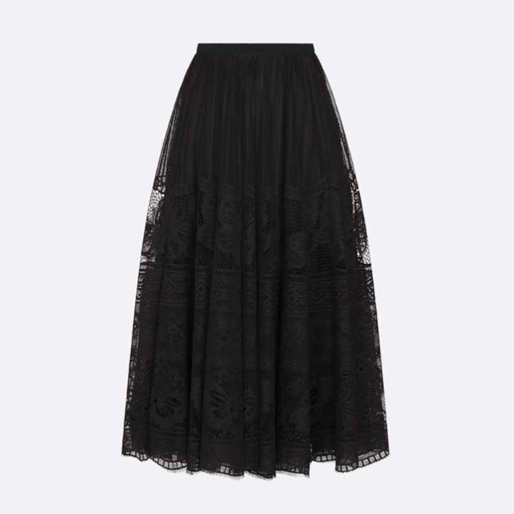 Front view of Dior Women Flared Mid-Length Skirt Black Technical Cotton Lace