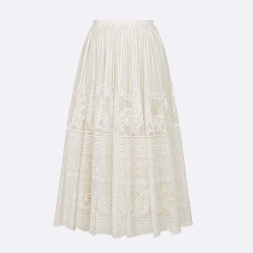 Front view of Dior Women Flared Mid-Length Skirt Ecru Technical Cotton Lace