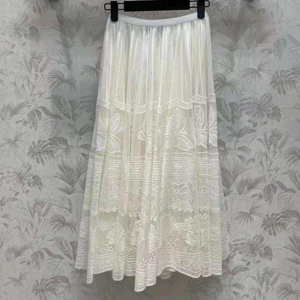 Side angle of flared silhouette on Dior Women Flared Mid-Length Skirt Ecru