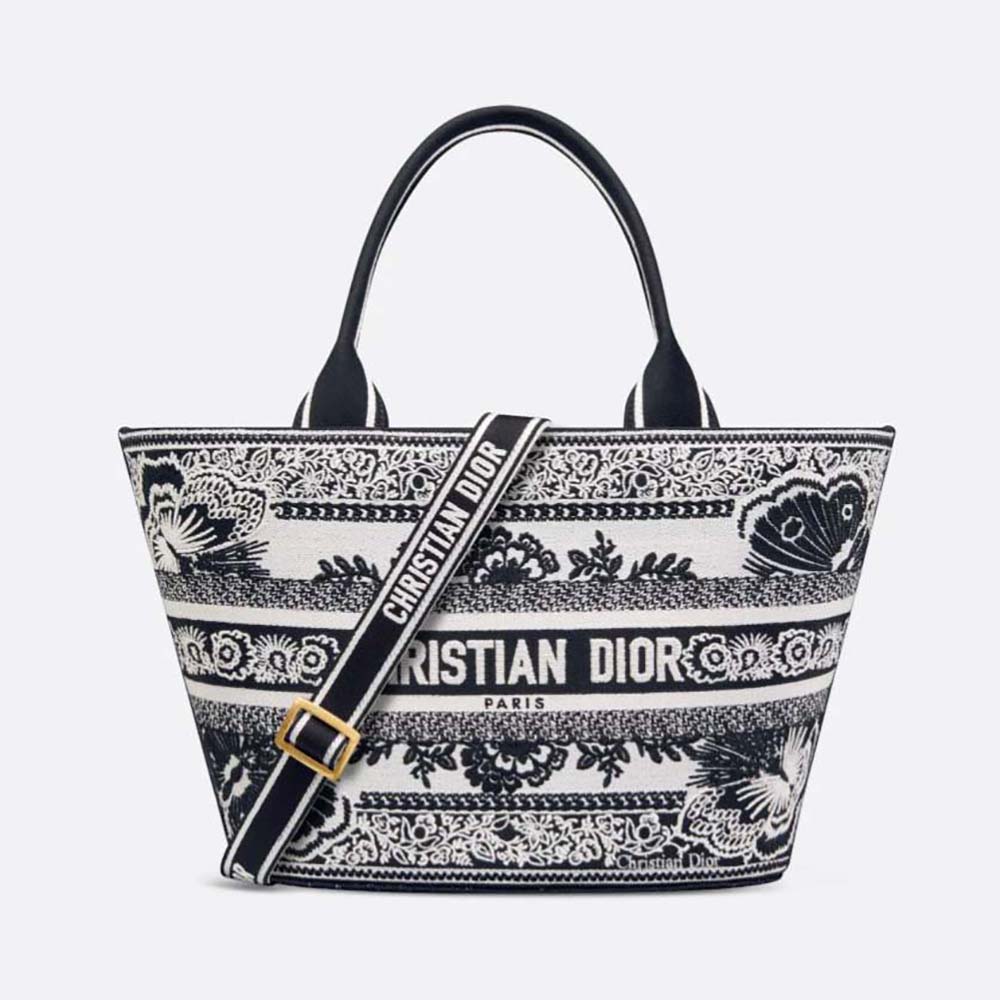 Front view of Dior Women Hat Basket Bag White and Black Butterfly Bandana Embroidery