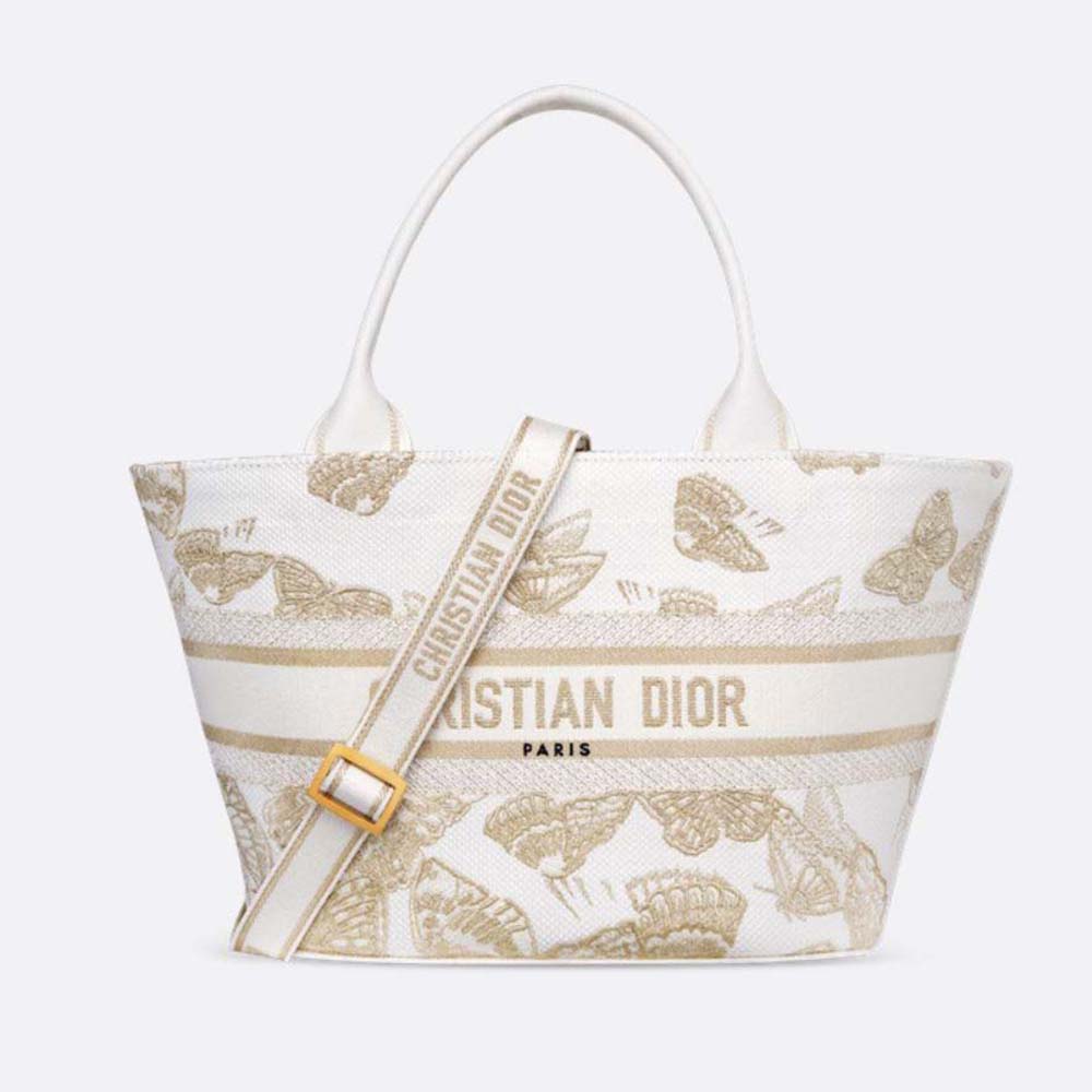 Front view of Dior Women Hat Basket Bag White with gold-tone butterfly embroidery