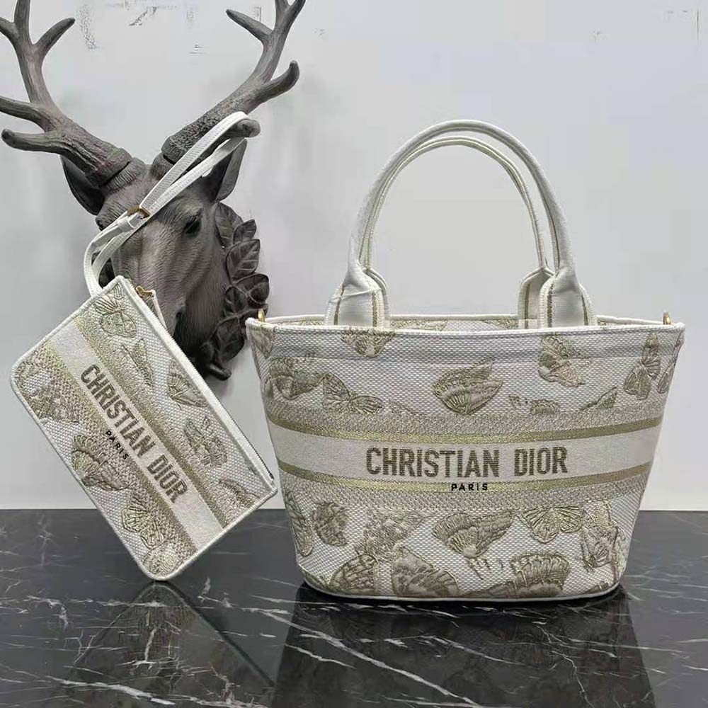 Dior Women Hat Basket Bag White and Gold-tone Gradient Butterflies Embroidery - image 5