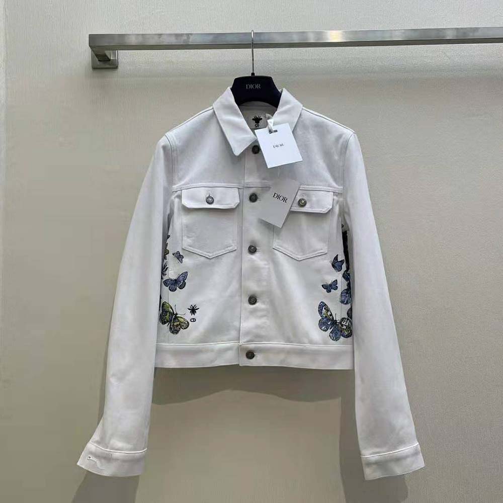 Close-up on multicolor butterfly detail on Dior Women Jacket Ecru Cotton Denim