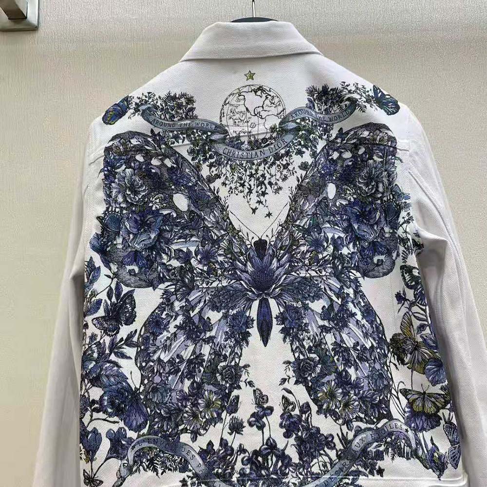 Dior Women Jacket Ecru Cotton Denim with Multicolor Butterfly Around the World Motif - image 5