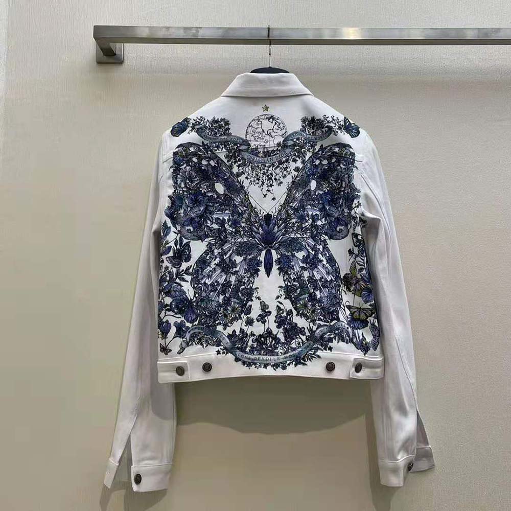 Dior Women Jacket Ecru Cotton Denim with Multicolor Butterfly Around the World Motif - image 4