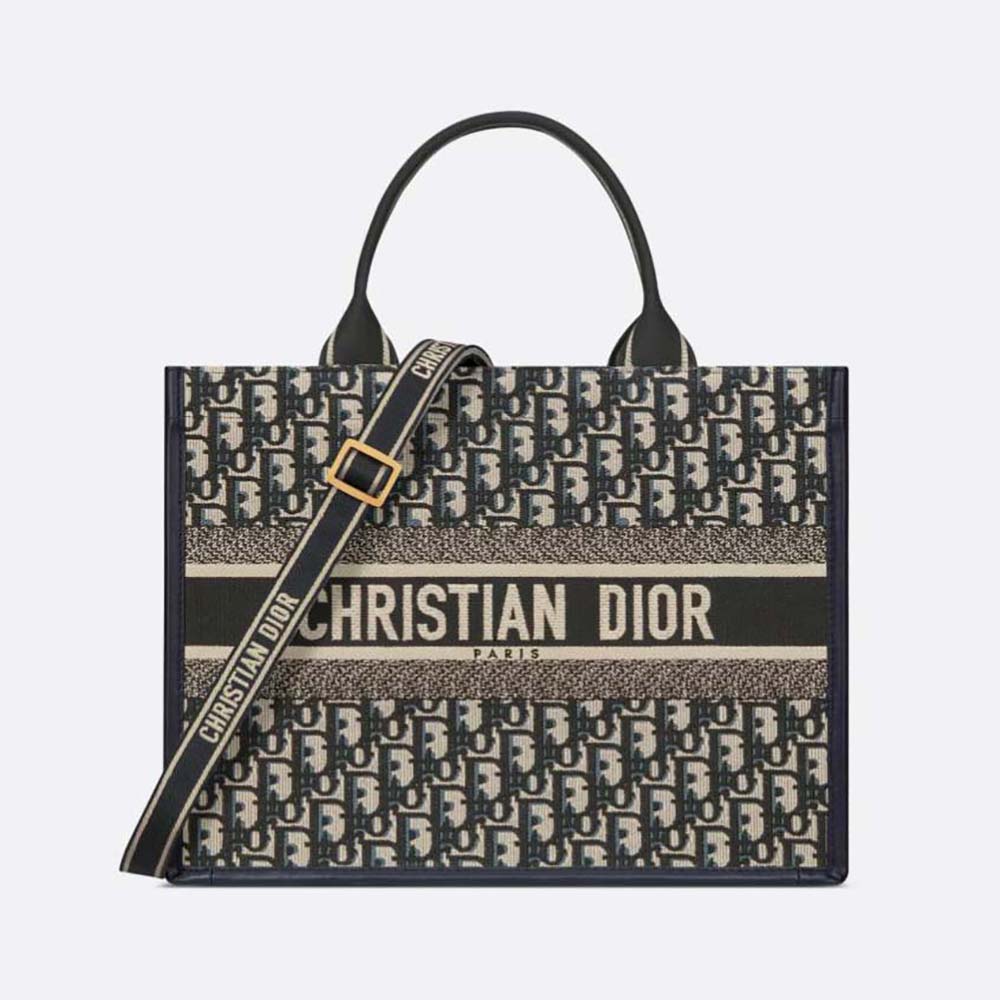 Front view of Dior Women Medium Dior Book Tote Blue Dior Oblique Embroidery and Calfskin