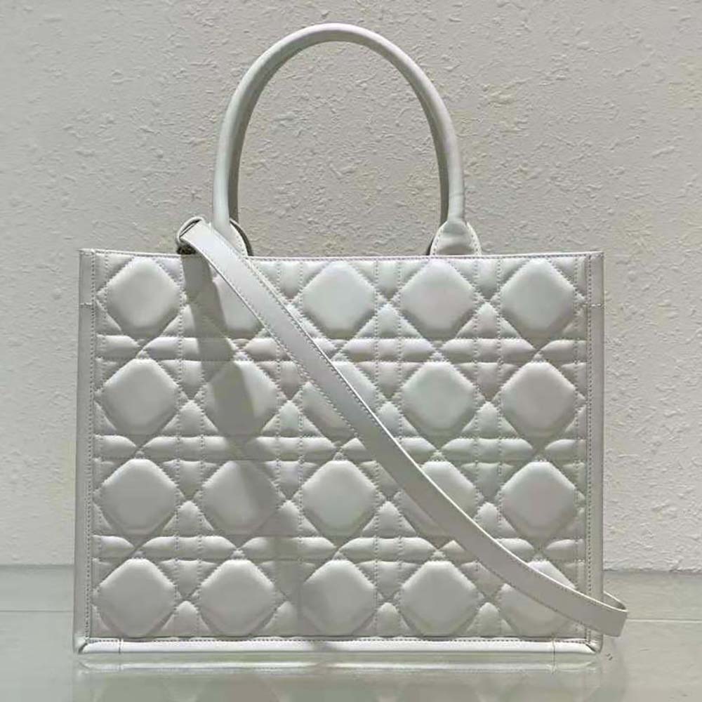 Side view showing silver hardware and zipper closure on Dior medium tote