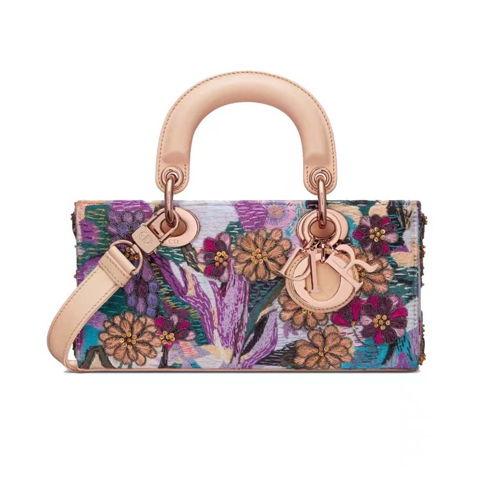 Front view of Dior Women Medium Lady D-joy Bag Beige Multicolor Brocart Embroidery