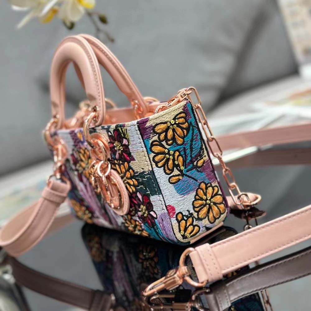 Dior Women Medium Lady D-joy Bag Beige Multicolor Brocart Embroidery - image 4