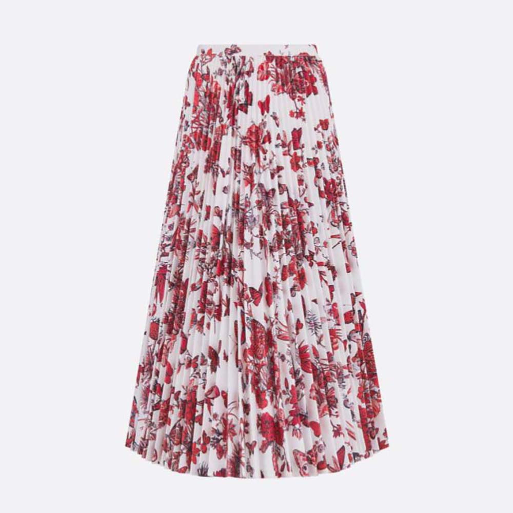 Front view of Dior Women Mid-Length Pleated Skirt White Cotton Denim with Red Toile de Jouy Mexico Motif