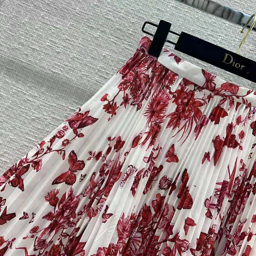 Dior Women Mid-Length Pleated Skirt White Cotton Denim with Red Toile de Jouy Mexico Motif - image 7