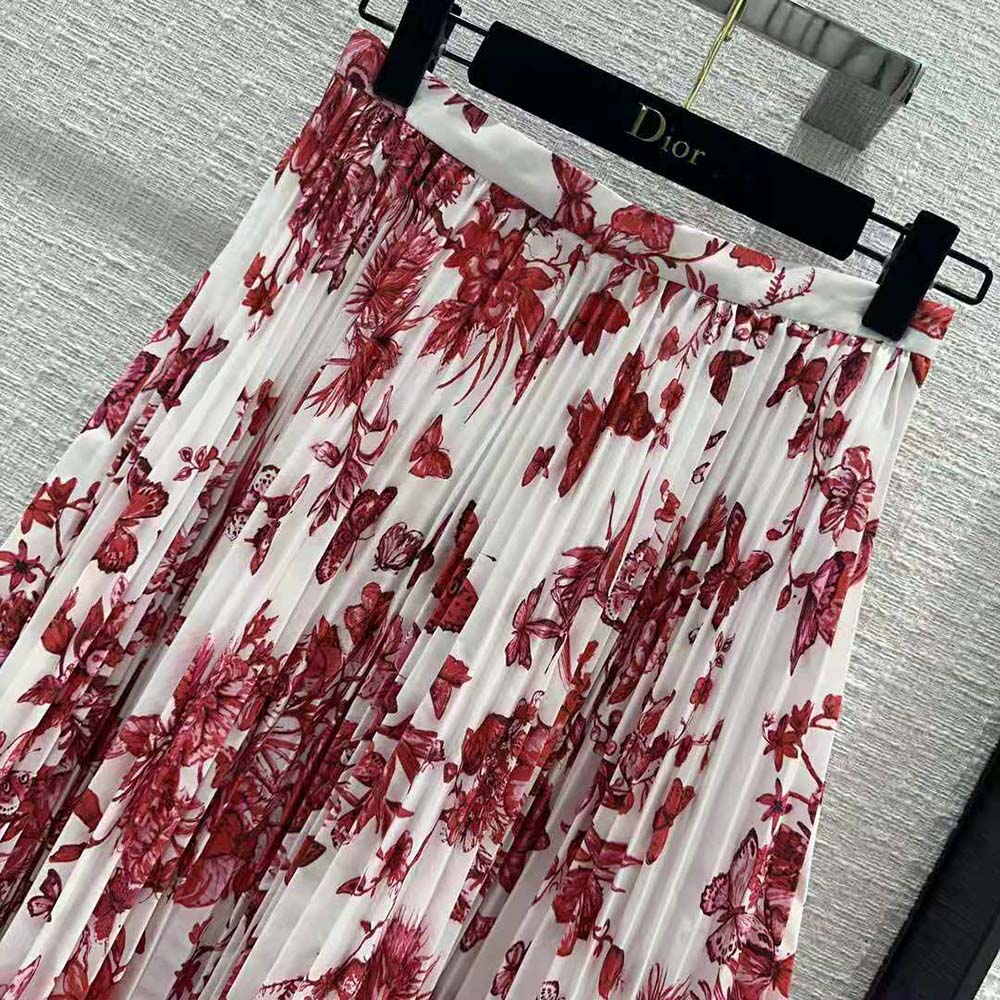 Dior Women Mid-Length Pleated Skirt White Cotton Denim with Red Toile de Jouy Mexico Motif - image 6