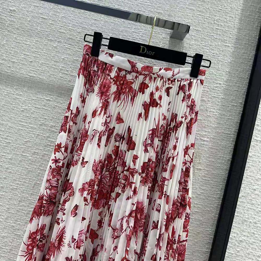 Dior Women Mid-Length Pleated Skirt White Cotton Denim with Red Toile de Jouy Mexico Motif - image 4