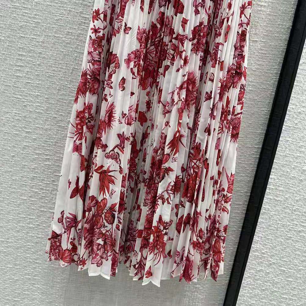 Dior Women Mid-Length Pleated Skirt White Cotton Denim with Red Toile de Jouy Mexico Motif - image 5