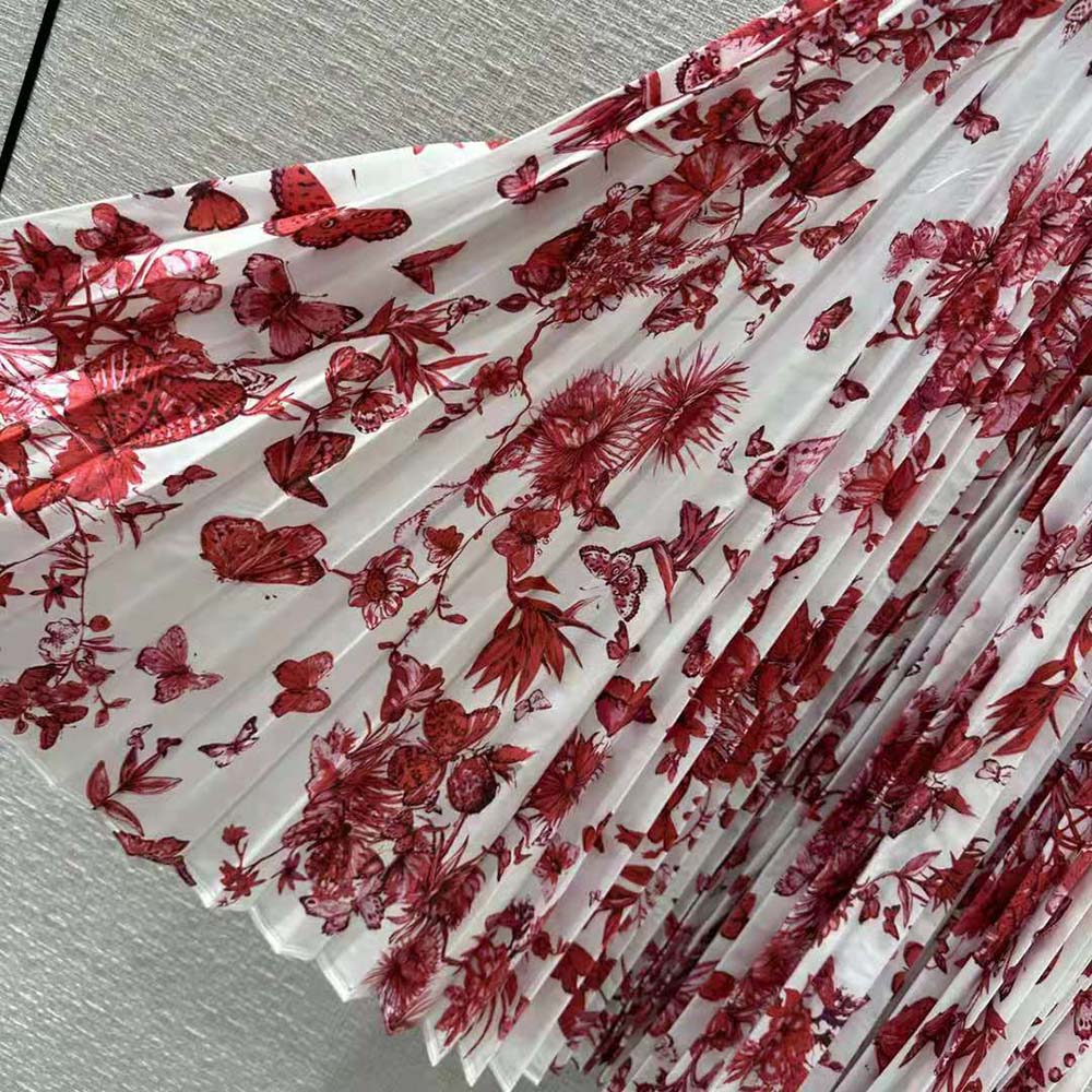 Dior Women Mid-Length Pleated Skirt White Cotton Denim with Red Toile de Jouy Mexico Motif - image 8