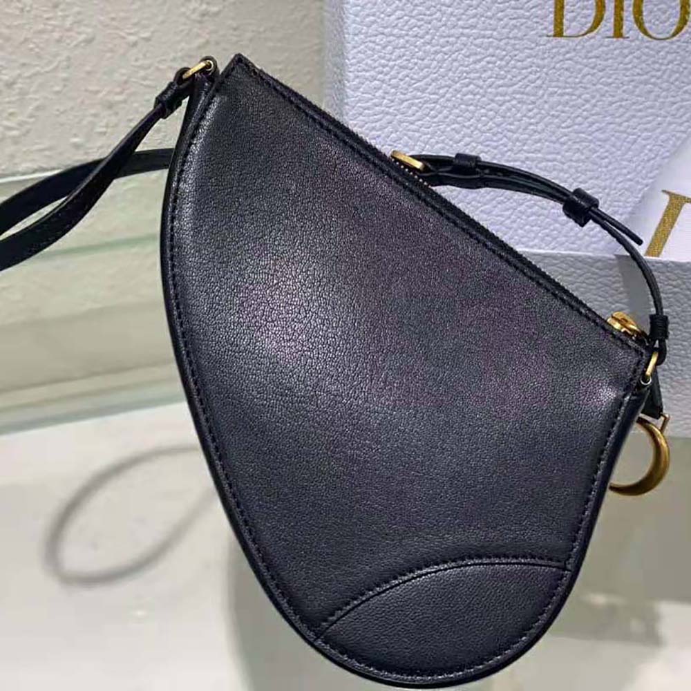 Side angle showing compact silhouette of Dior Women Saddle Shoulder Pouch Black Goatskin