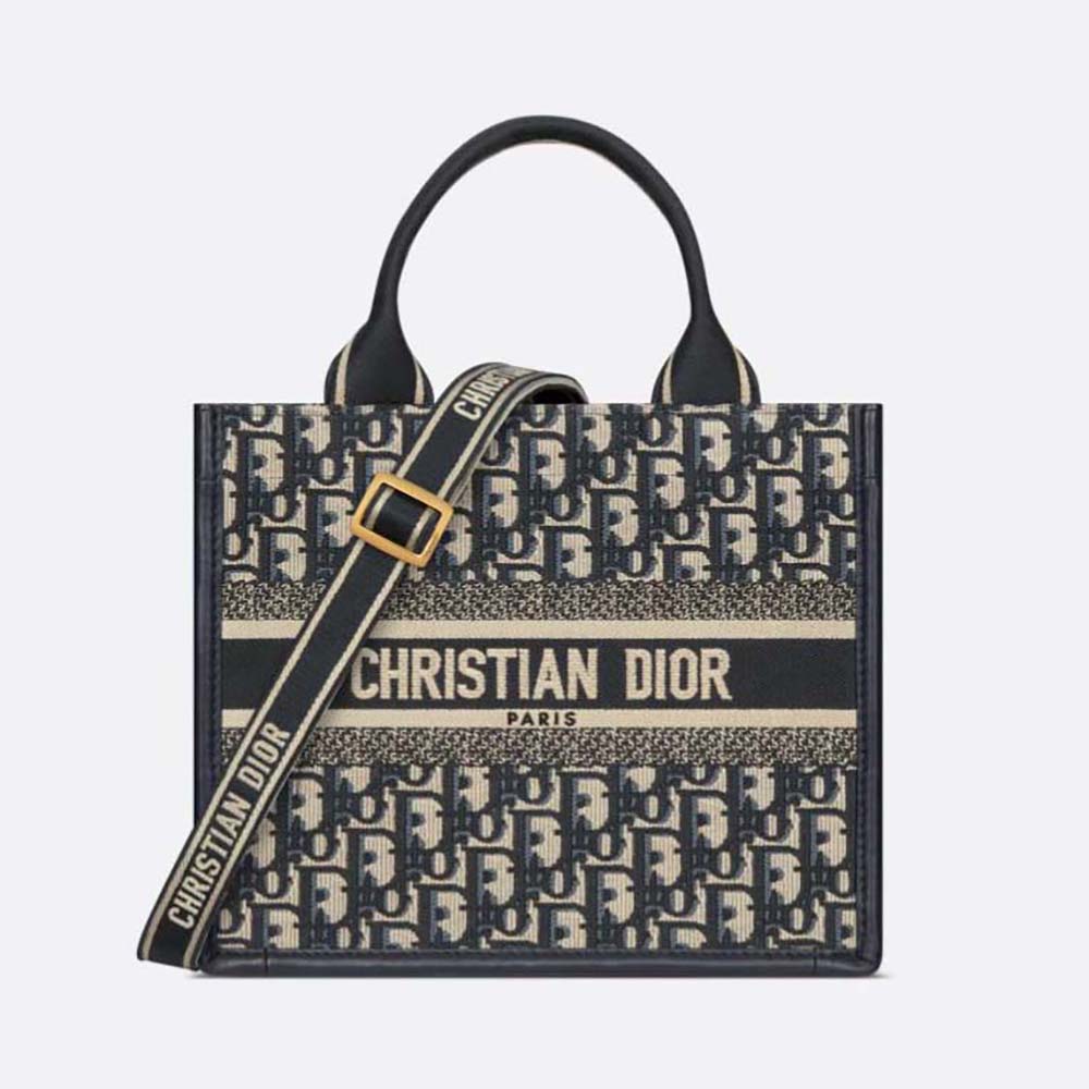 Front view of Dior Women Small Dior Book Tote Blue Dior Oblique Embroidery and Calfskin