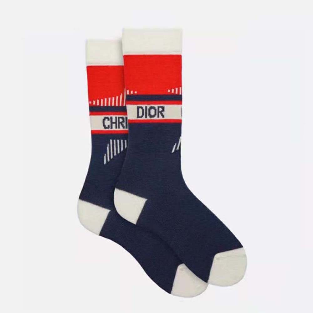 Dior Women Socks Navy and Ecru Dior Oblique Cotton Blend