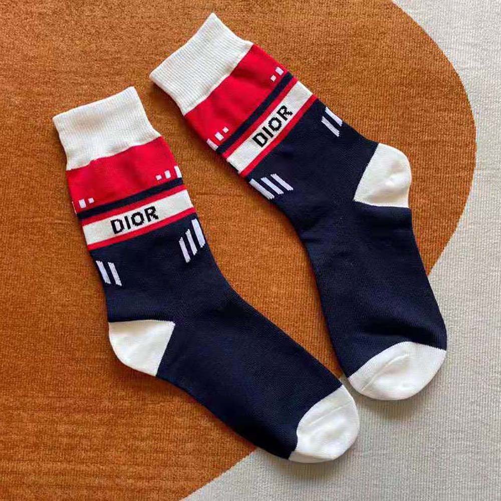 Side view of Dior Women Socks Navy and Ecru Dior Oblique Cotton Blend fit
