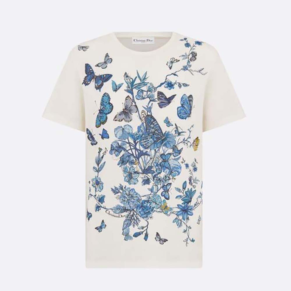 Front view of Dior Women T-Shirt White Cotton Jersey with Pastel Midnight Blue Toile de Jouy Mexico Motif