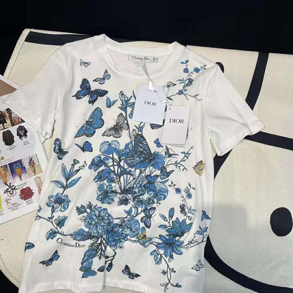Dior Women T-Shirt White Cotton Jersey with Pastel Midnight Blue Toile de Jouy Mexico Motif - image 4