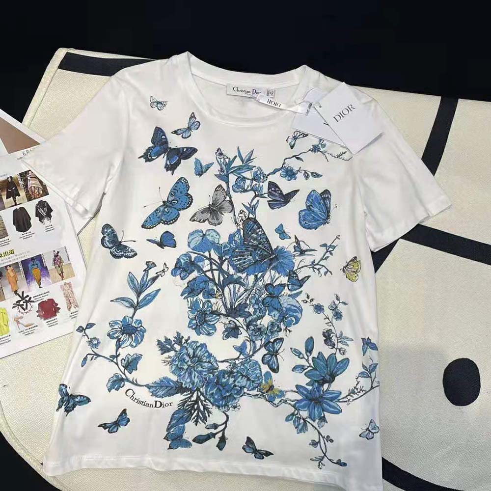 Dior Women T-Shirt White Cotton Jersey with Pastel Midnight Blue Toile de Jouy Mexico Motif - image 5