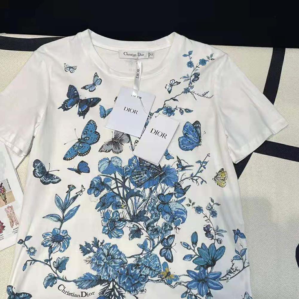 Dior Women T-Shirt White Cotton Jersey with Pastel Midnight Blue Toile de Jouy Mexico Motif - image 6