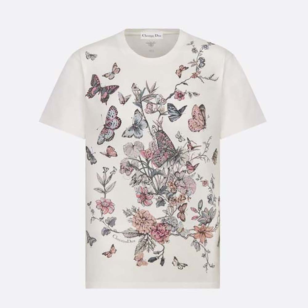 Front view of Dior Women T-Shirt White Cotton Jersey with Pastel Pink Toile de Jouy Mexico Motif