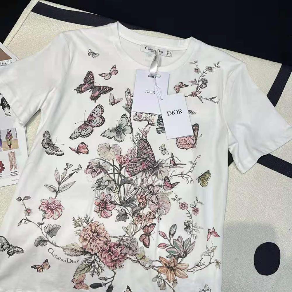 Dior Women T-Shirt White Cotton Jersey with Pastel Pink Toile de Jouy Mexico Motif - image 4