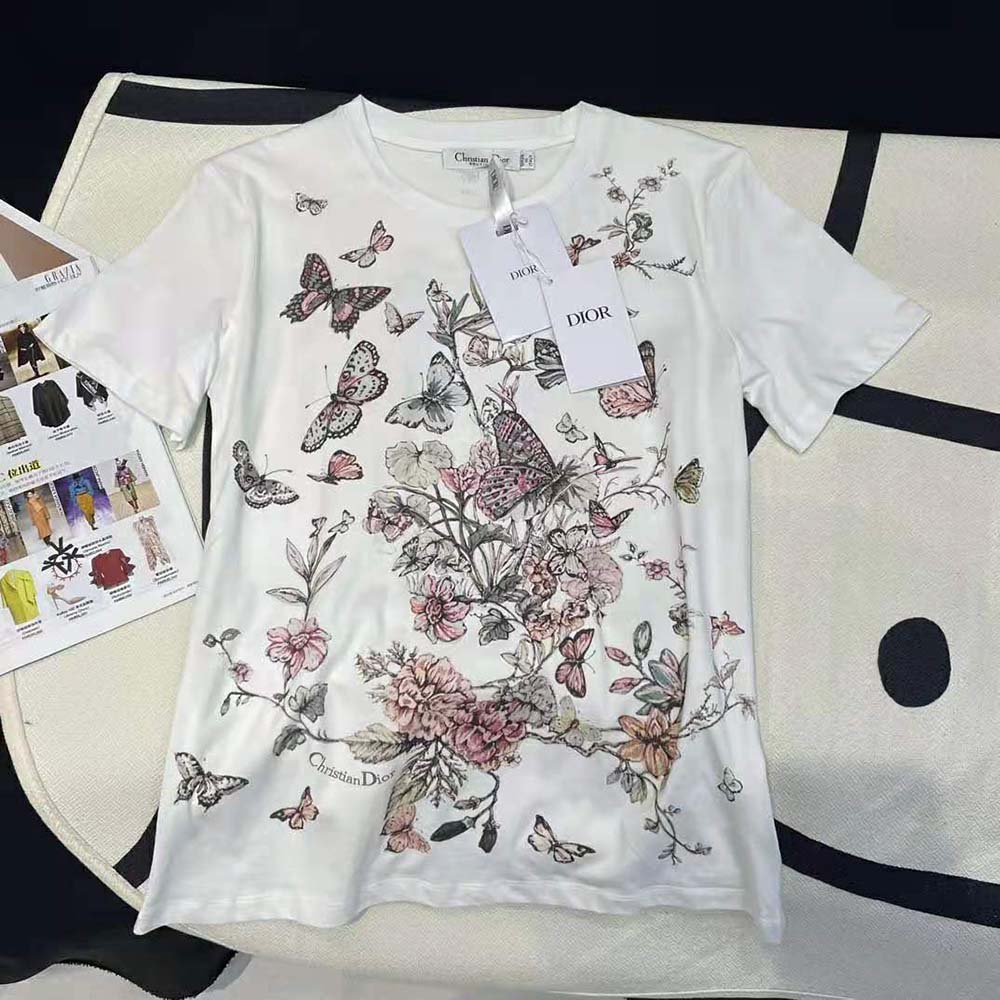Dior Women T-Shirt White Cotton Jersey with Pastel Pink Toile de Jouy Mexico Motif - image 5