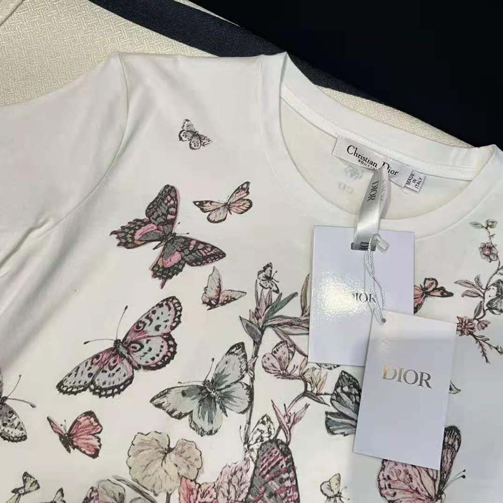 Dior Women T-Shirt White Cotton Jersey with Pastel Pink Toile de Jouy Mexico Motif - image 7