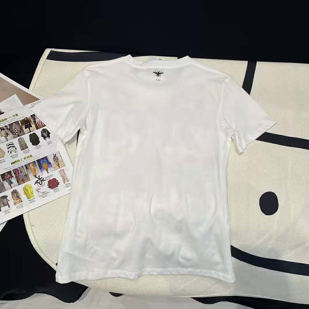 Dior Women T-Shirt White Cotton Jersey with Pastel Pink Toile de Jouy Mexico Motif - image 6