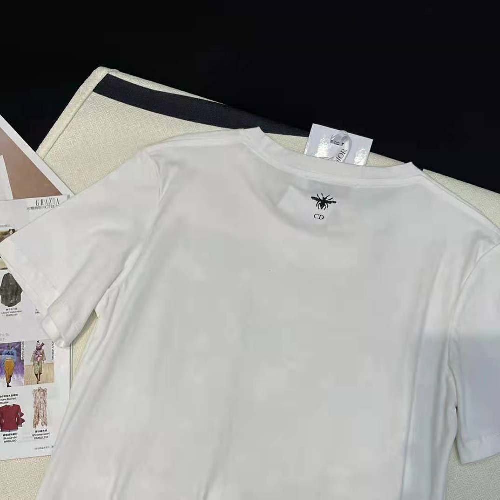Dior Women T-Shirt White Cotton and Linen Jersey with Pastel Pink Butterfly Around The World Motif - image 9