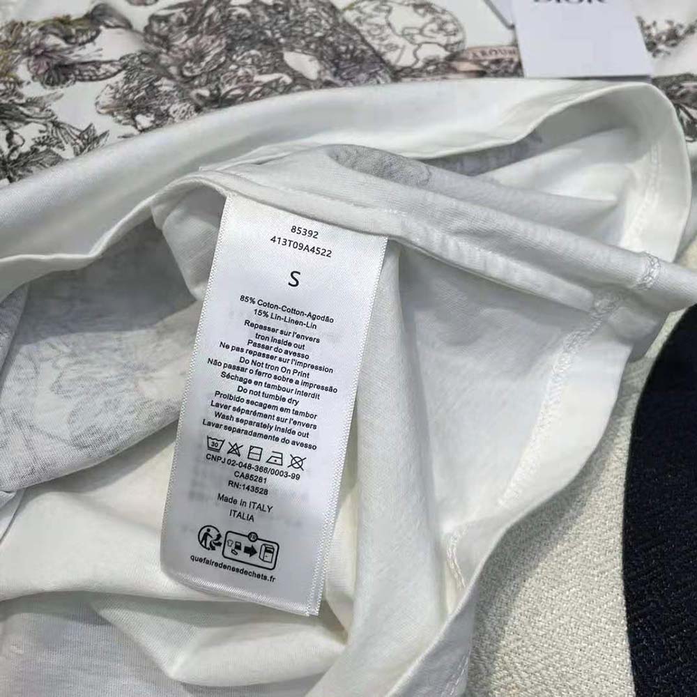 Dior Women T-Shirt White Cotton and Linen Jersey with Pastel Pink Butterfly Around The World Motif - image 10