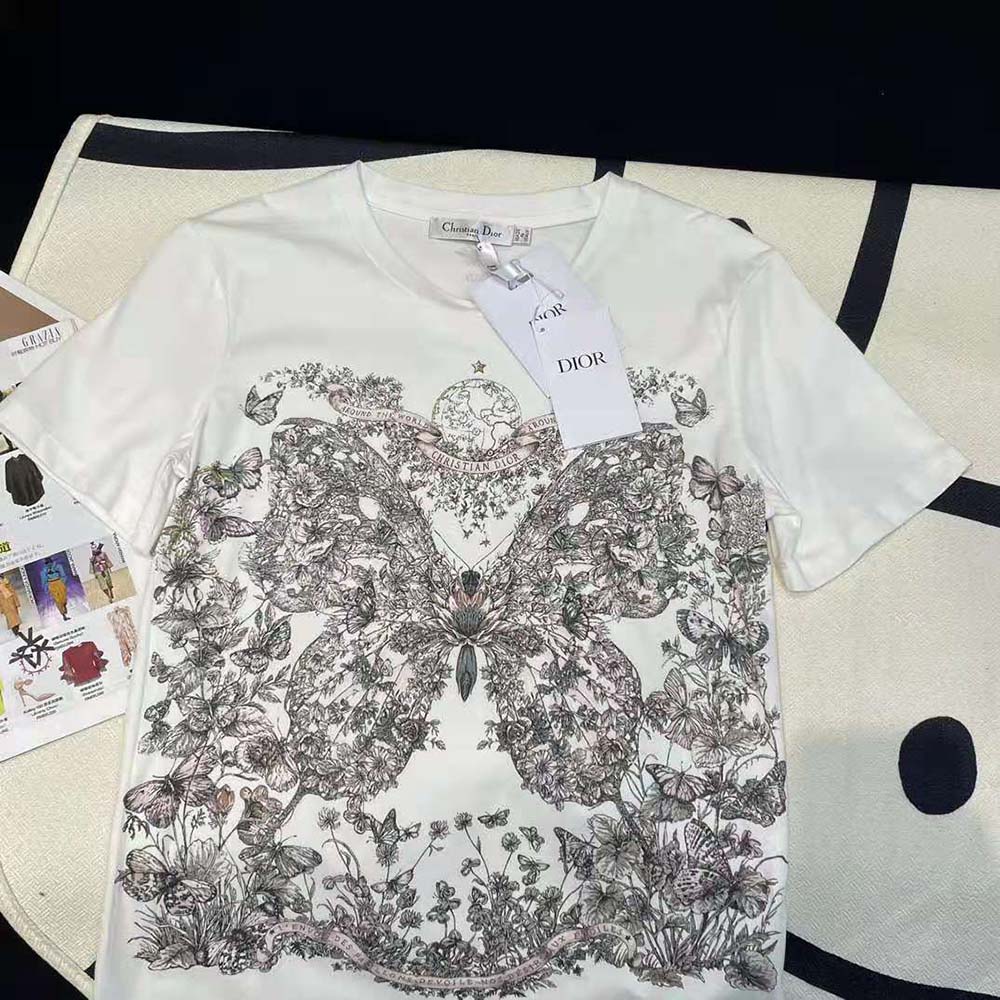 Dior Women T-Shirt White Cotton and Linen Jersey with Pastel Pink Butterfly Around The World Motif - image 5