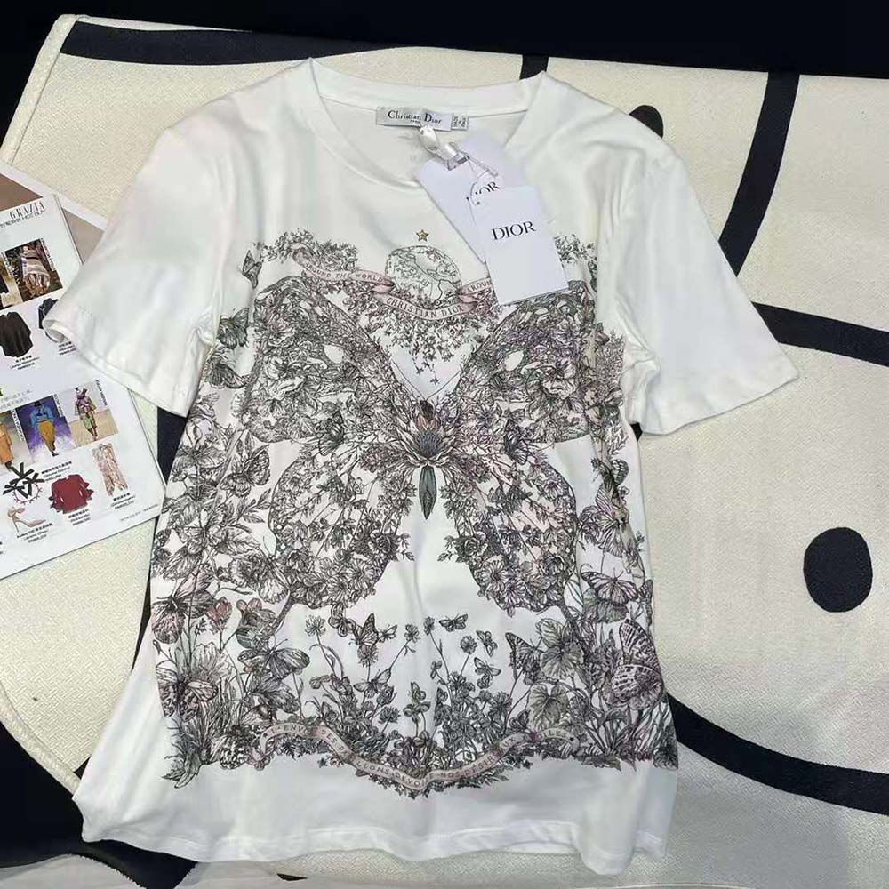 Dior Women T-Shirt White Cotton and Linen Jersey with Pastel Pink Butterfly Around The World Motif - image 7