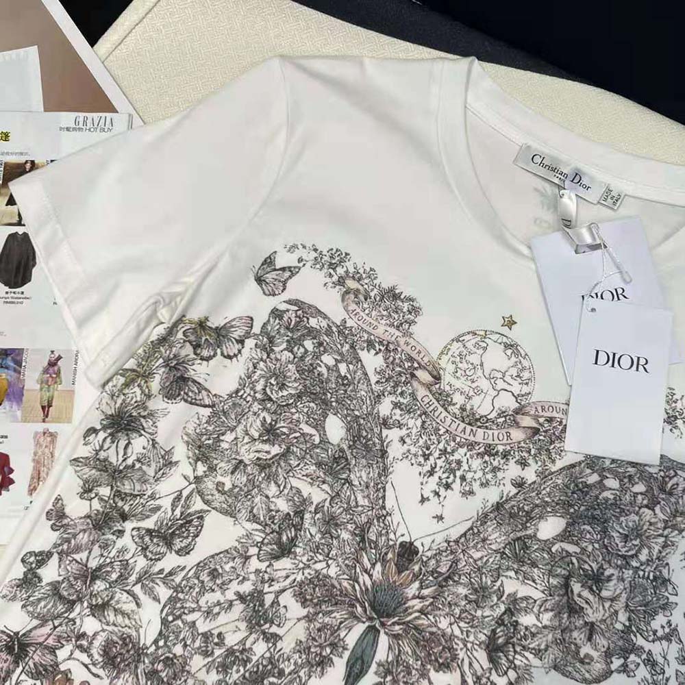 Dior Women T-Shirt White Cotton and Linen Jersey with Pastel Pink Butterfly Around The World Motif - image 6