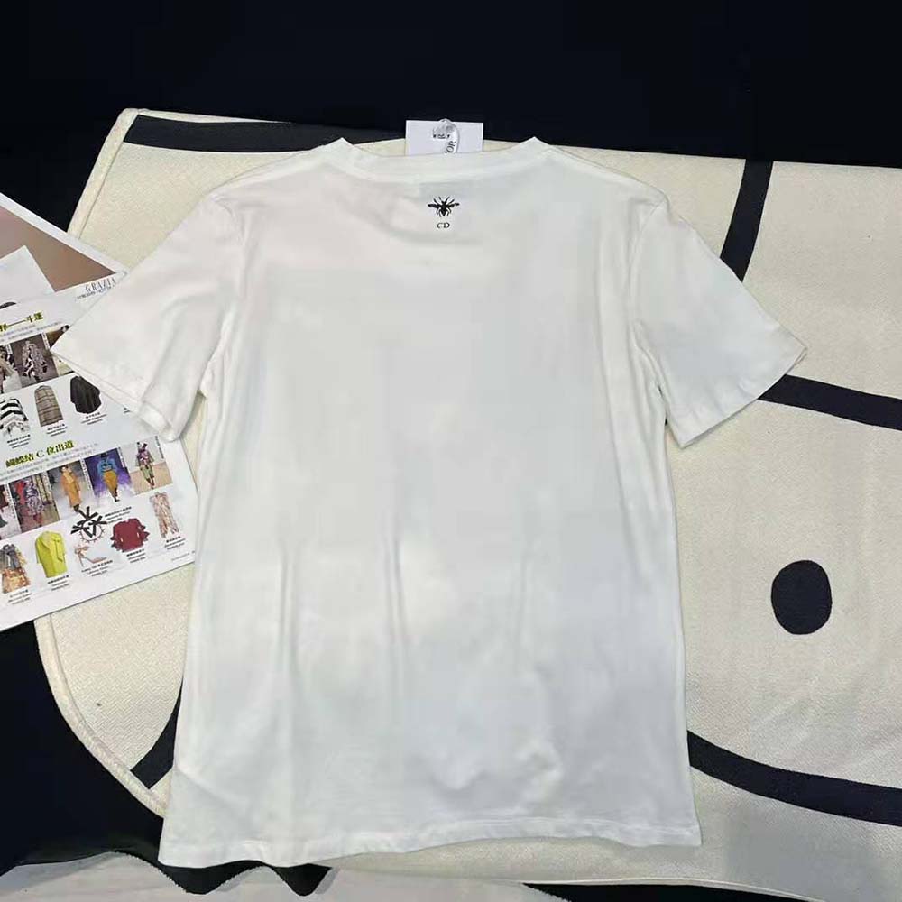 Dior Women T-Shirt White Cotton and Linen Jersey with Pastel Pink Butterfly Around The World Motif - image 4