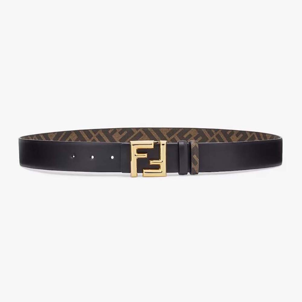 Front view of Fendi Men FF Rounded Belt Black Leather Reversible-Gold