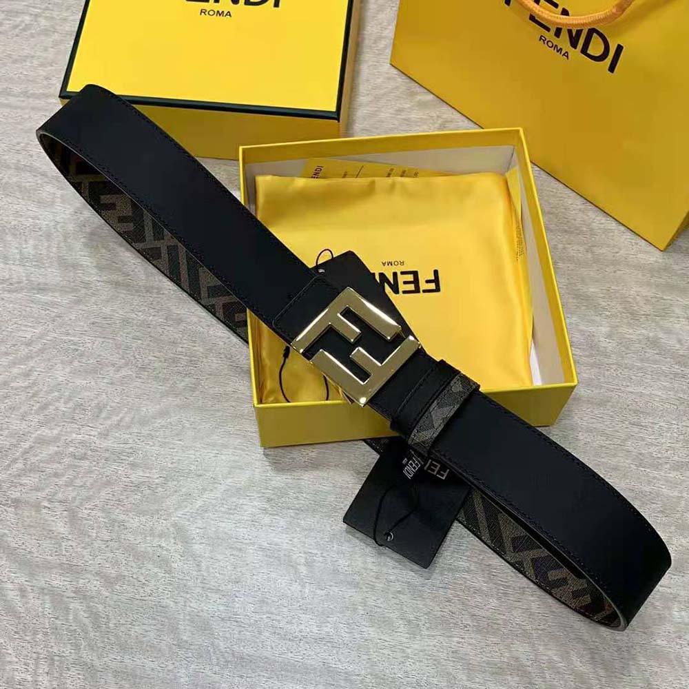Close-up of gold FF buckle on Fendi Men FF Rounded Belt