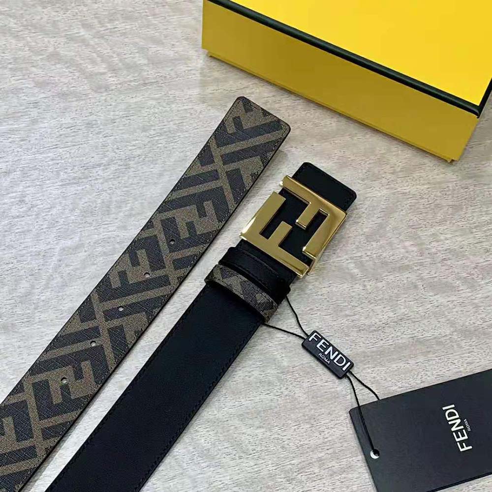 Fendi Men FF Rounded Belt Black Leather Reversible-Gold - image 4