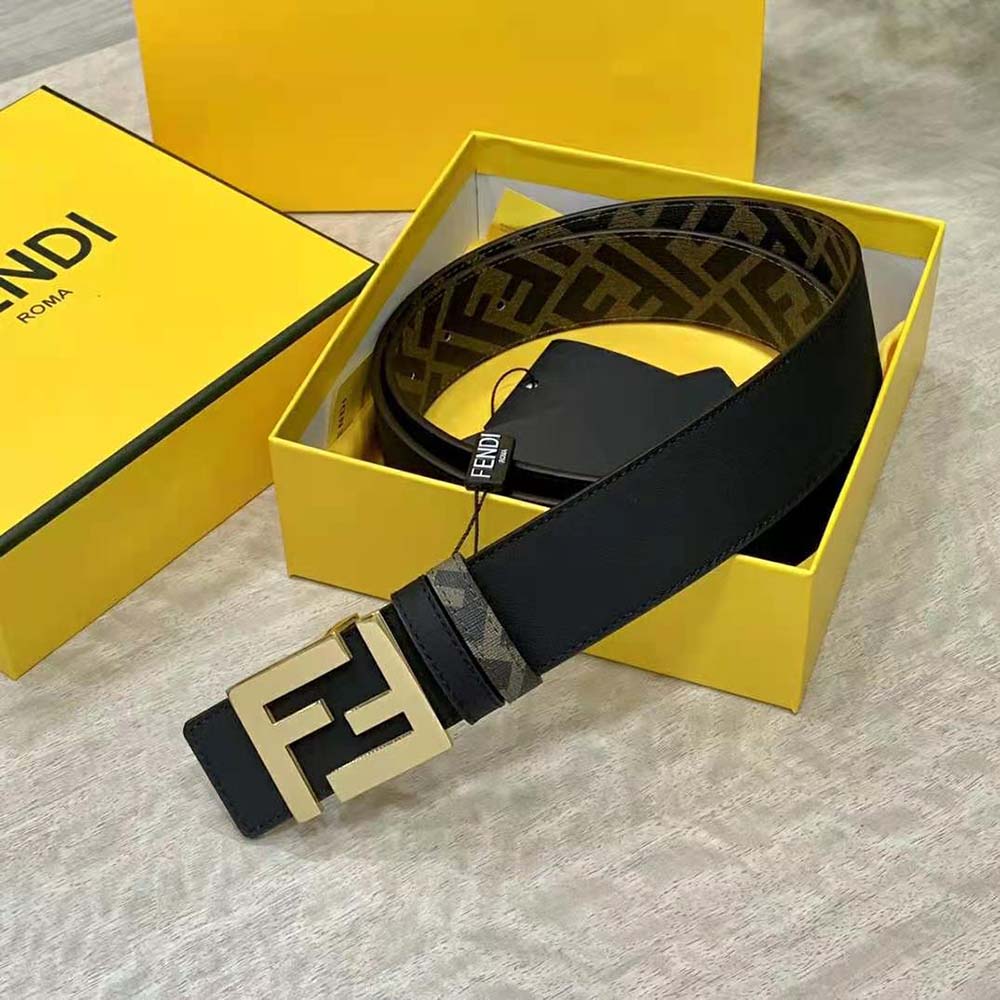 Fendi Men FF Rounded Belt Black Leather Reversible-Gold - image 5