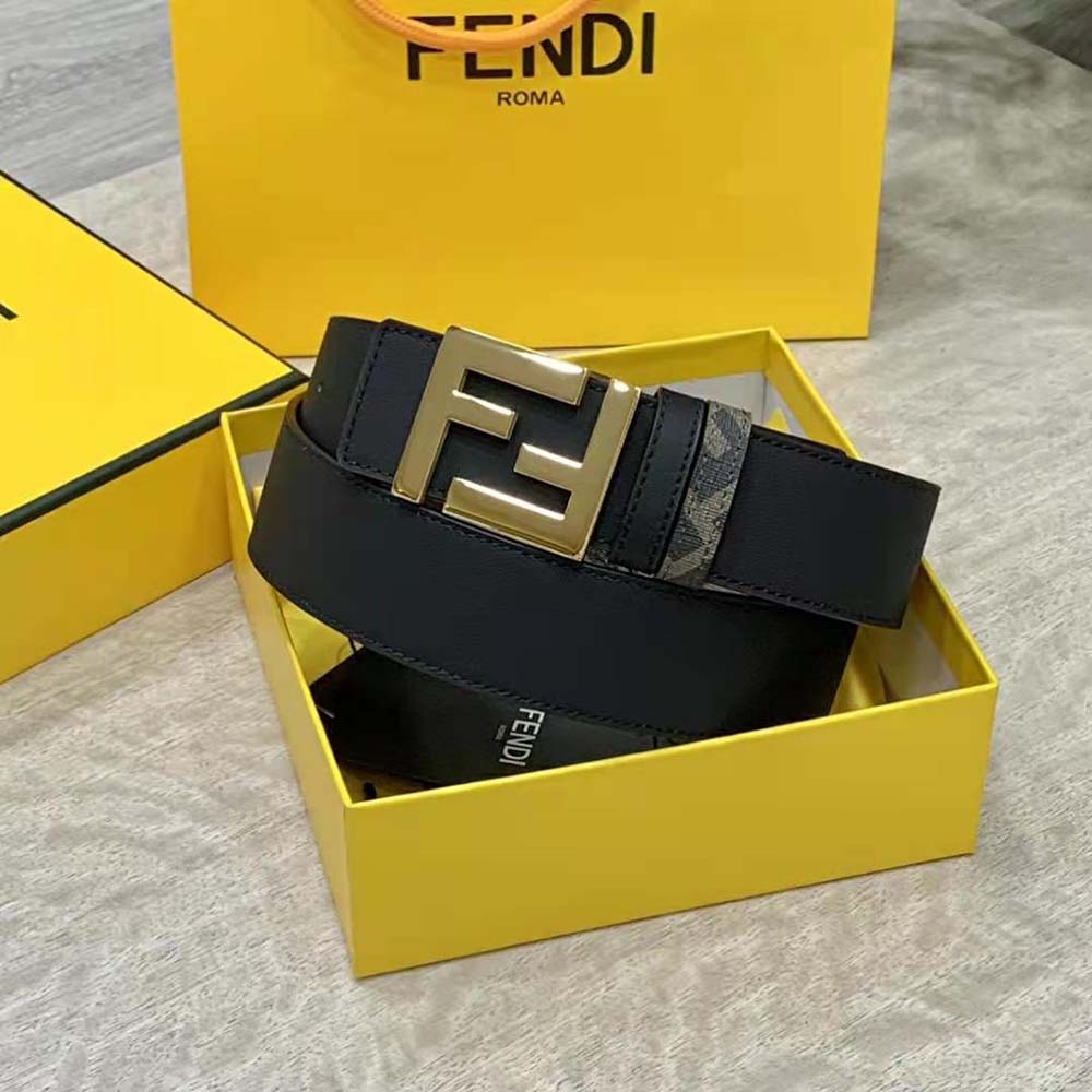 Side profile showing reversible black leather of Fendi Men FF Rounded Belt