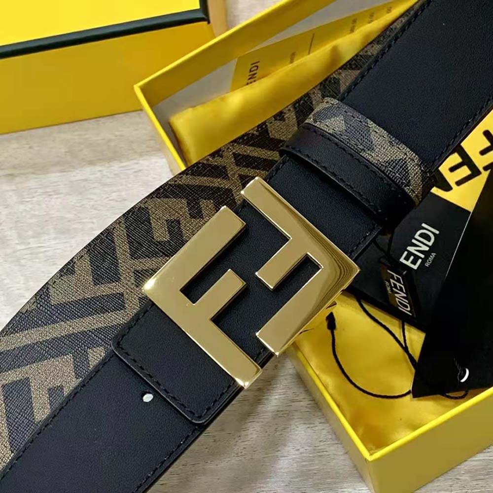 Fendi Men FF Rounded Belt Black Leather Reversible-Gold - image 6