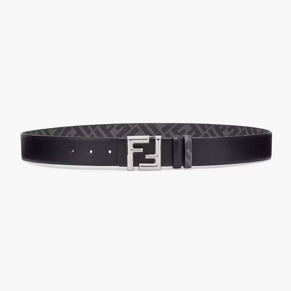 Front view of Fendi Men FF Rounded Belt Black Leather Reversible-Silver