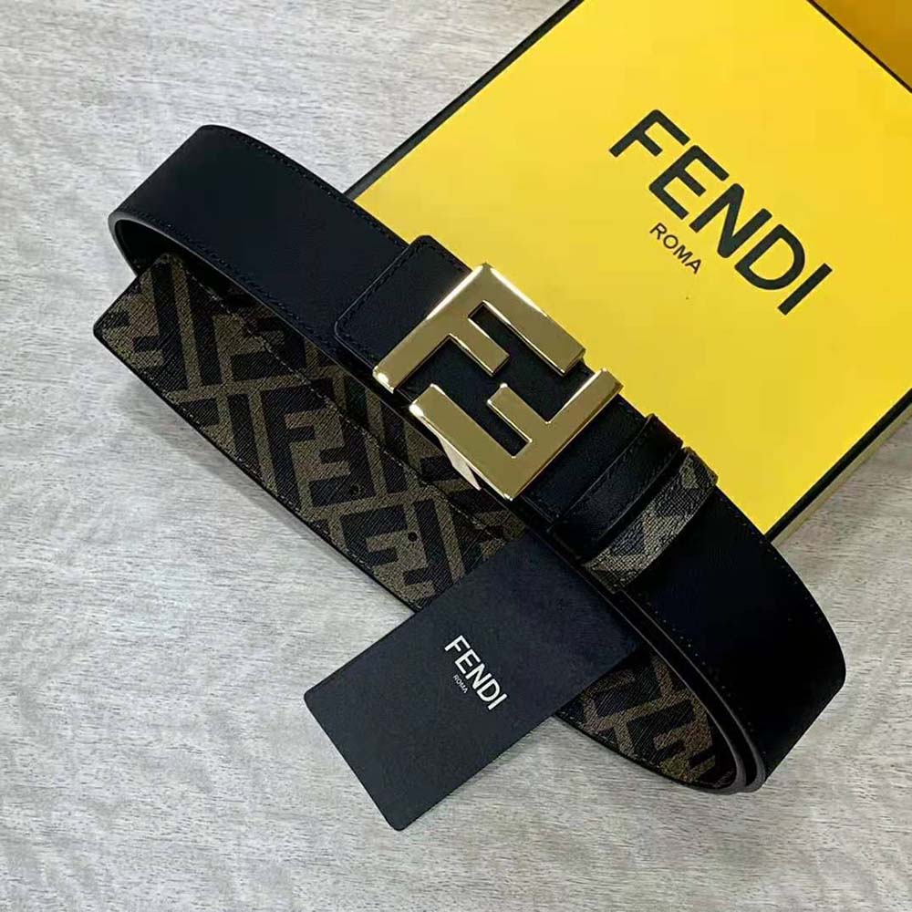 Fendi Men FF Rounded Belt Black Leather Reversible-Silver - image 8