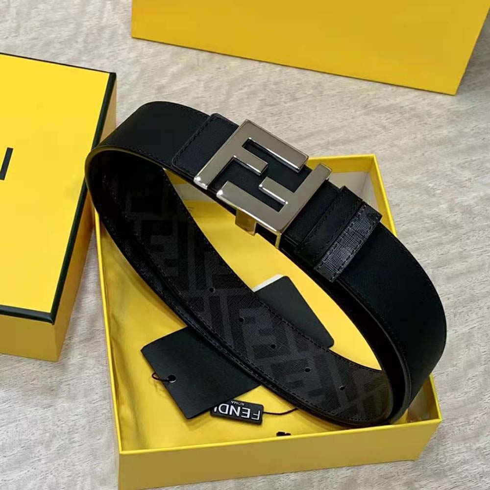 Fendi Men FF Rounded Belt Black Leather Reversible-Silver - image 4