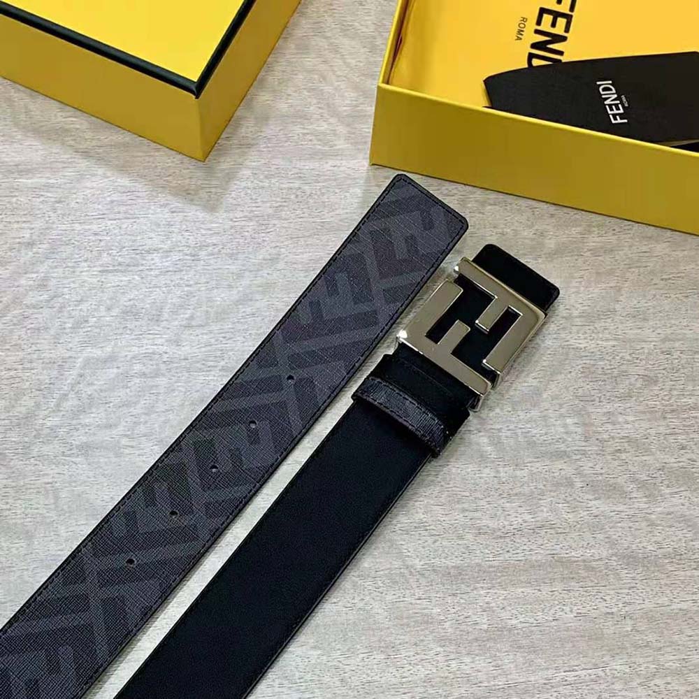 Fendi Men FF Rounded Belt Black Leather Reversible-Silver - image 7