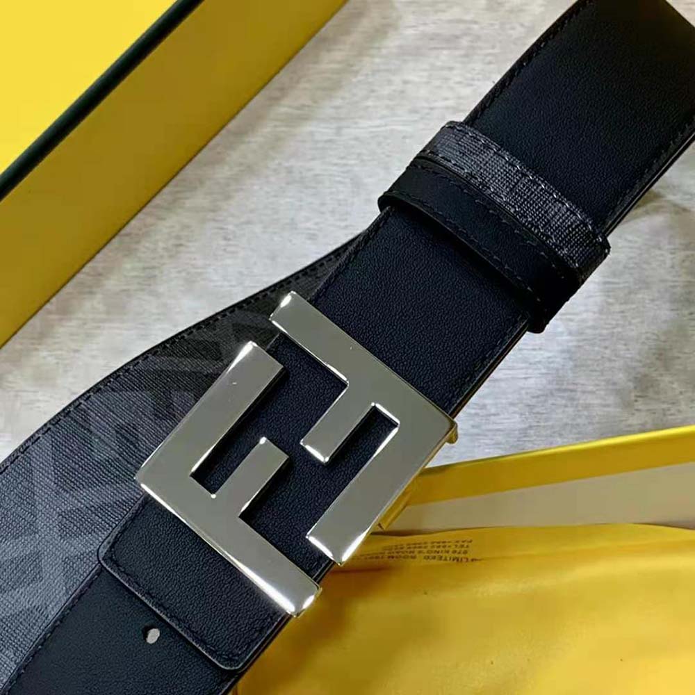 Fendi Men FF Rounded Belt Black Leather Reversible-Silver - image 6